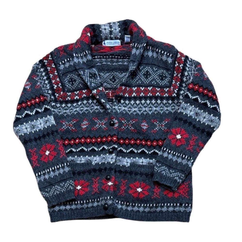 80s 90s Vintage Marsh Landing Cowichan Native Print Knit Cardigan Grey Red Large